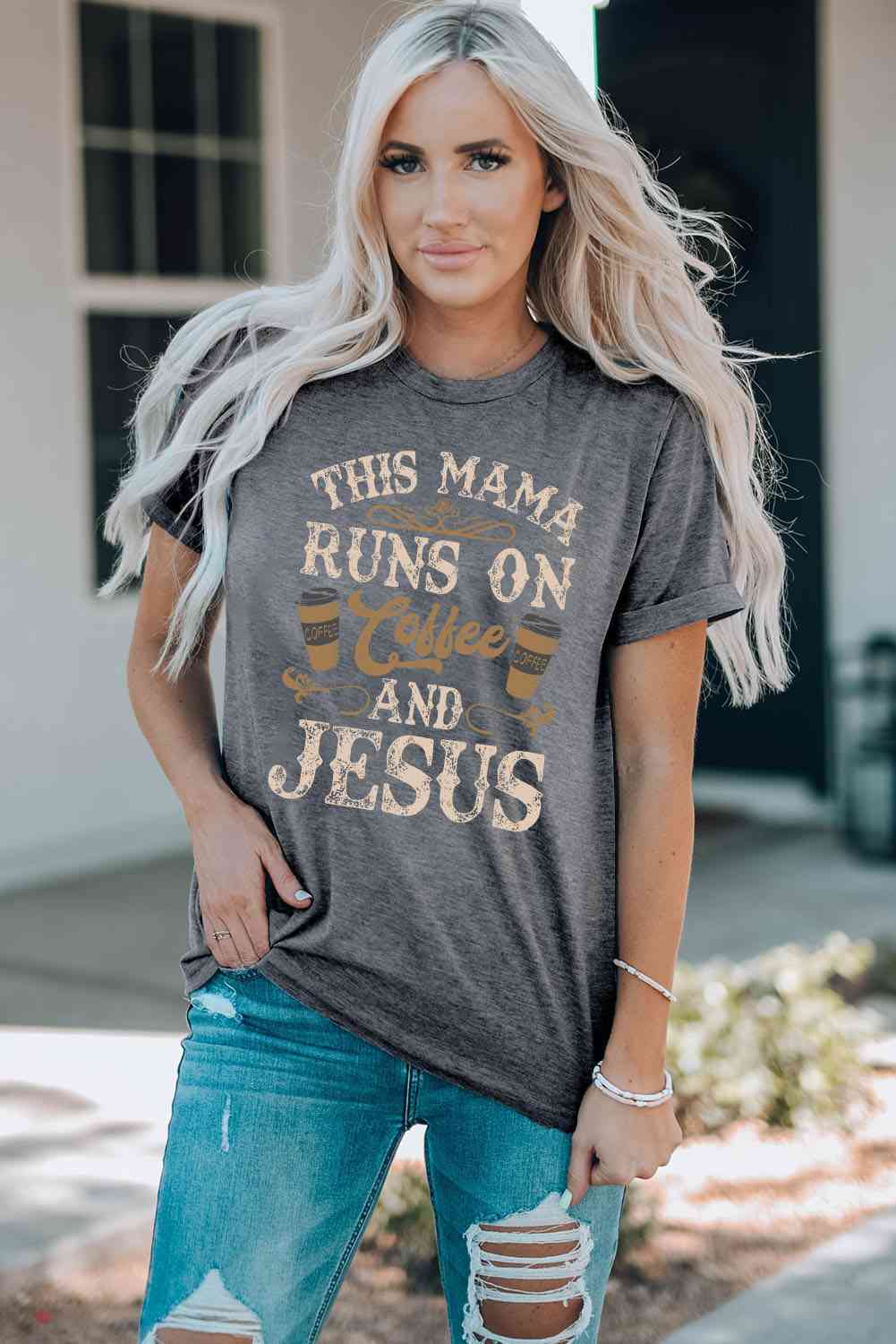 This Mama Runs on Coffee and Jesus Round Neck Tee  Krazy Heart Designs Boutique Mid Gray S 