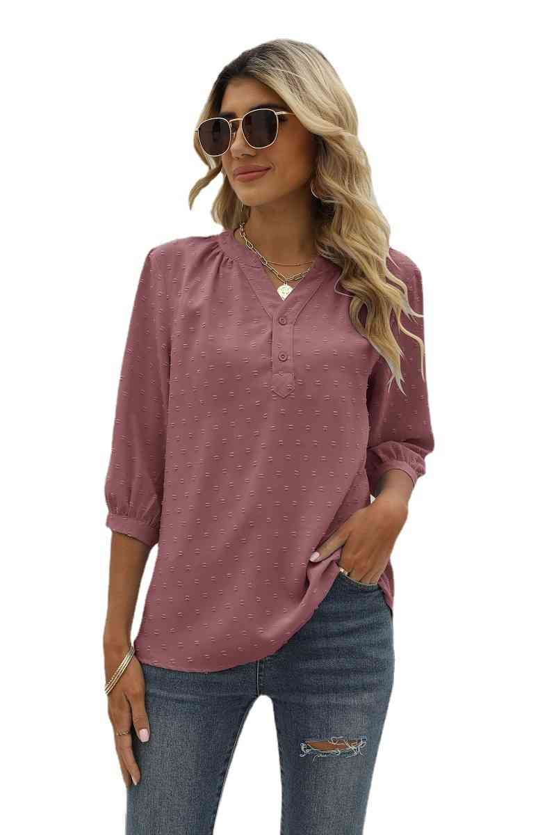 Swiss Dot Notched Neck Three-Quarter Sleeve Blouse (9 Colors)  Krazy Heart Designs Boutique   