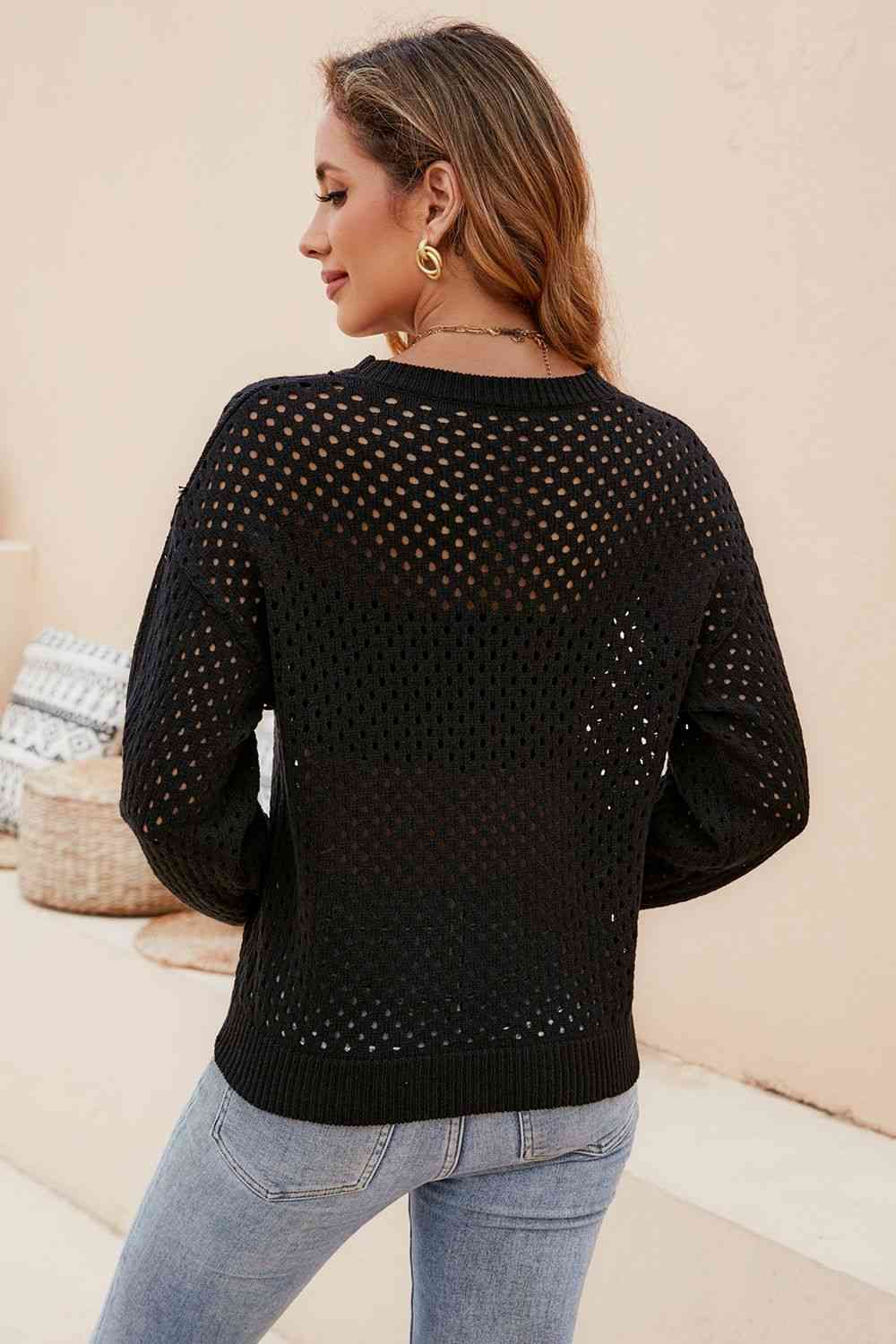 Round Neck Openwork Dropped Shoulder Knit Top  Krazy Heart Designs Boutique   