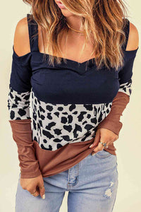Leopard Print Color Block Cold-Shoulder Top Shirts & Tops Krazy Heart Designs Boutique Brown/Black S 