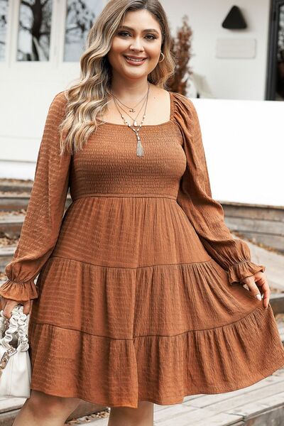 Plus Size Smocked Square Neck Tiered Dress Dress Krazy Heart Designs Boutique   