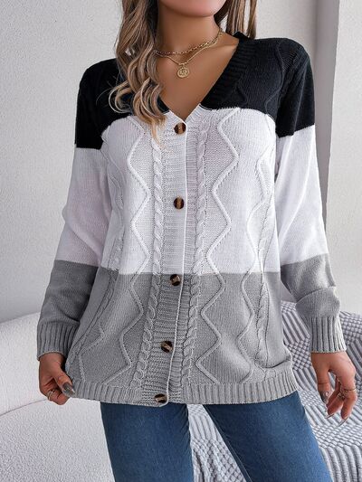 Cable-Knit Striped Color Block Button Up Cardigan (3 Colors) Shirts & Tops Krazy Heart Designs Boutique Charcoal S 