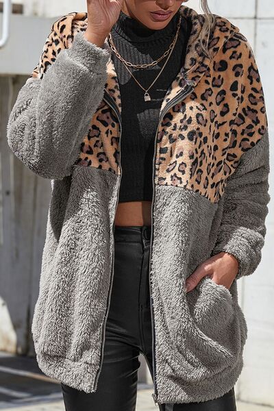 Leopard Print Zip Up Fuzzy Hoodie coats Krazy Heart Designs Boutique Charcoal S 