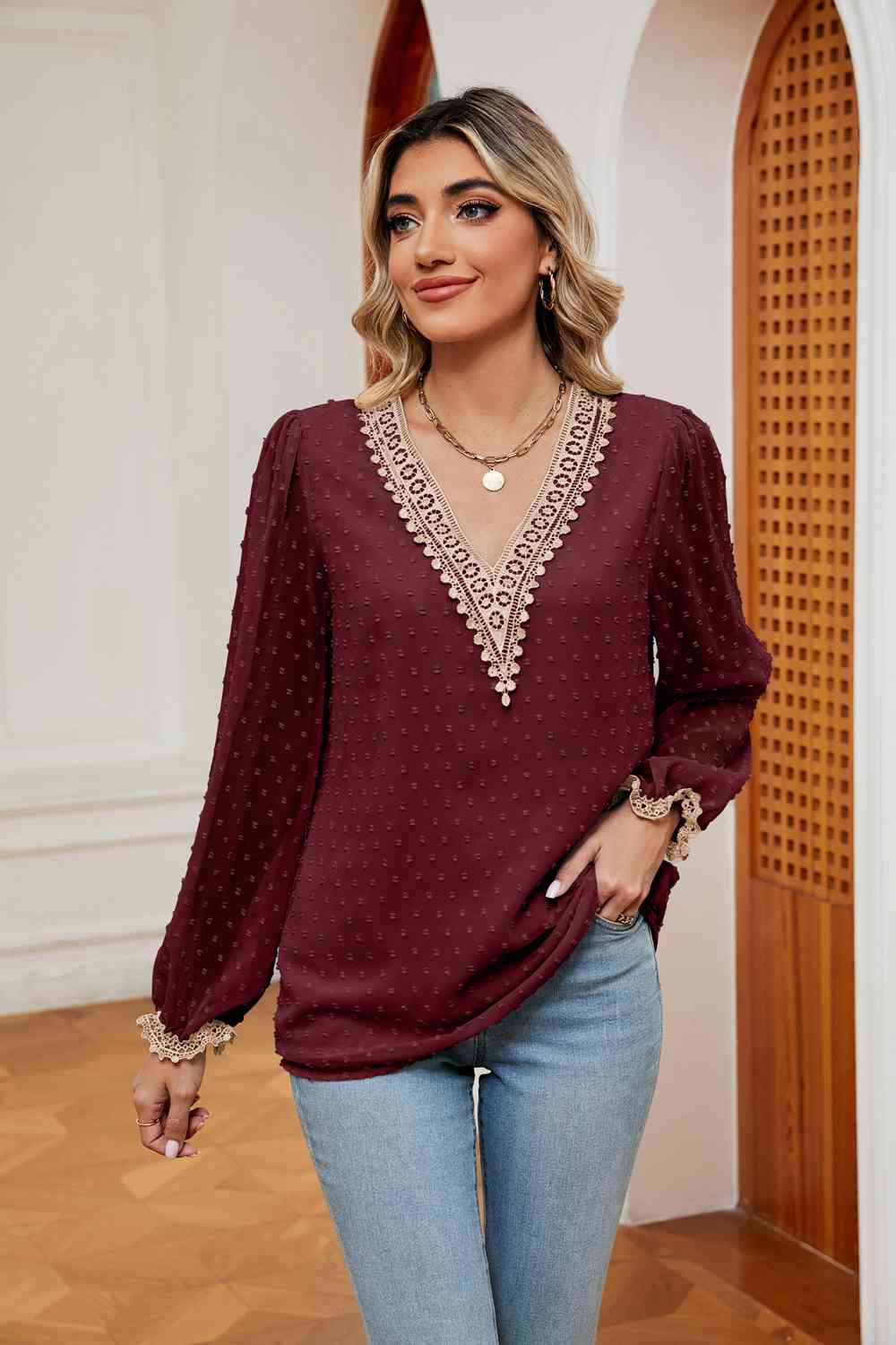 Swiss Dot Contrast V-Neck Blouse (6 Colors) Shirts & Tops Krazy Heart Designs Boutique Wine S 