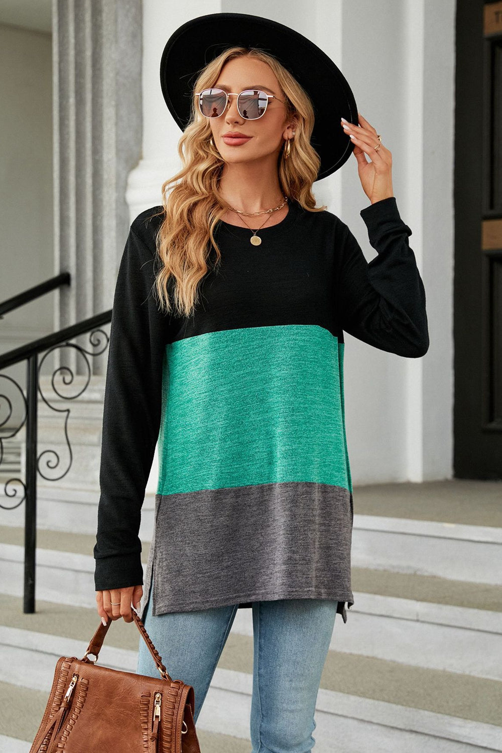 KHD Color Block Round Neck Long Sleeve Slit Top (7 Colors)  Krazy Heart Designs Boutique Teal S 