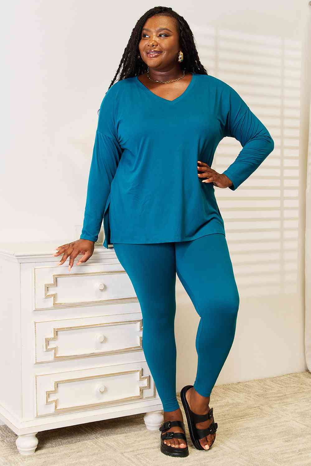 Zenana Lazy Days Full Size Long Sleeve Top and Leggings Set  Krazy Heart Designs Boutique Deep Teal S 
