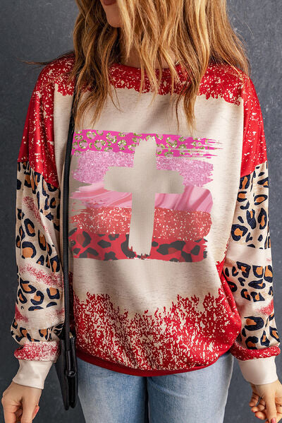 Leopard Print Round Neck Dropped Shoulder Sweatshirt Shirts & Tops Krazy Heart Designs Boutique Deep Red S 
