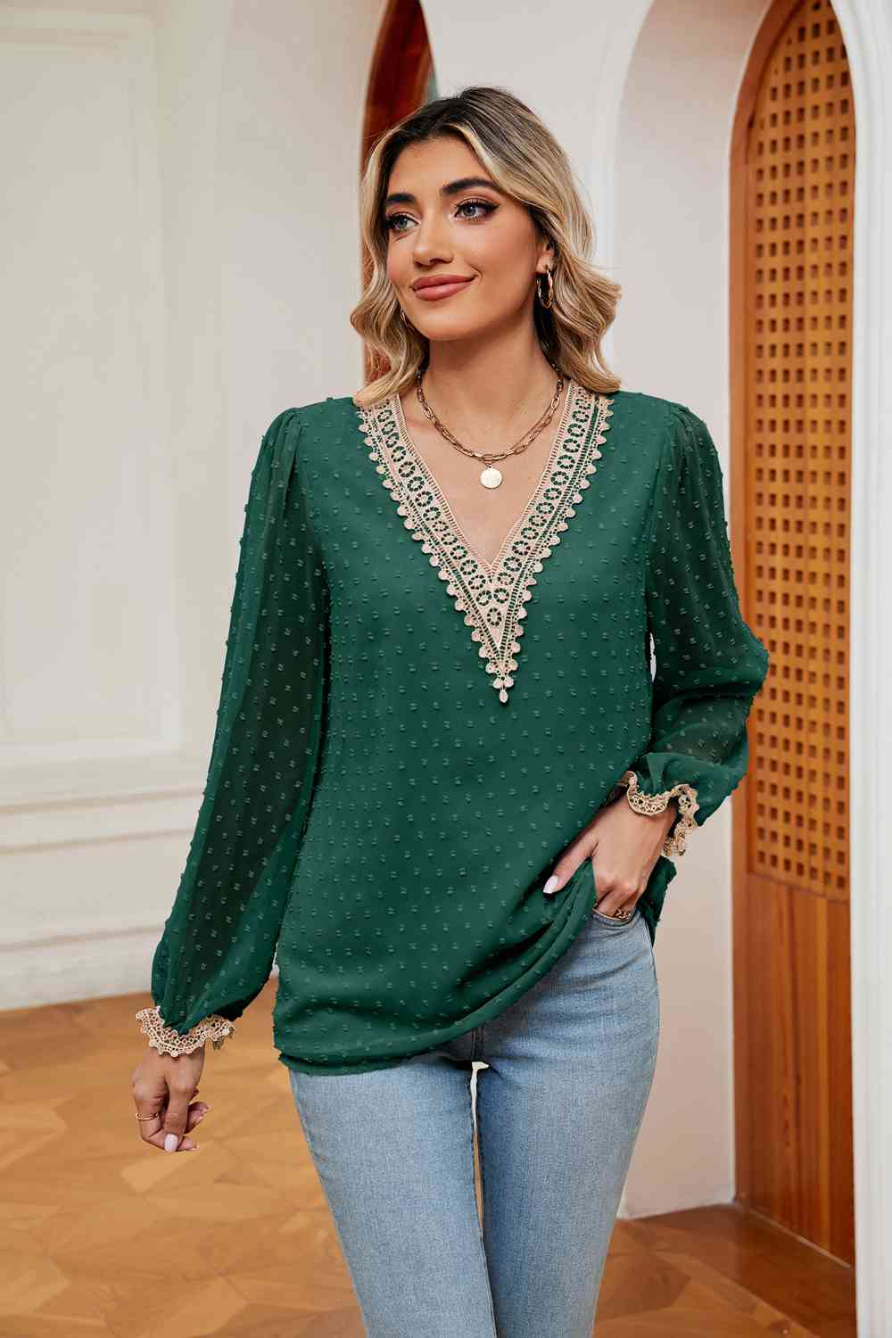 Swiss Dot Contrast V-Neck Blouse (6 Colors) Shirts & Tops Krazy Heart Designs Boutique Green S 
