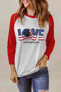 Raglan Sleeve Round Neck LOVE AMERICA Graphic Tee Shirts & Tops Krazy Heart Designs Boutique Red S 