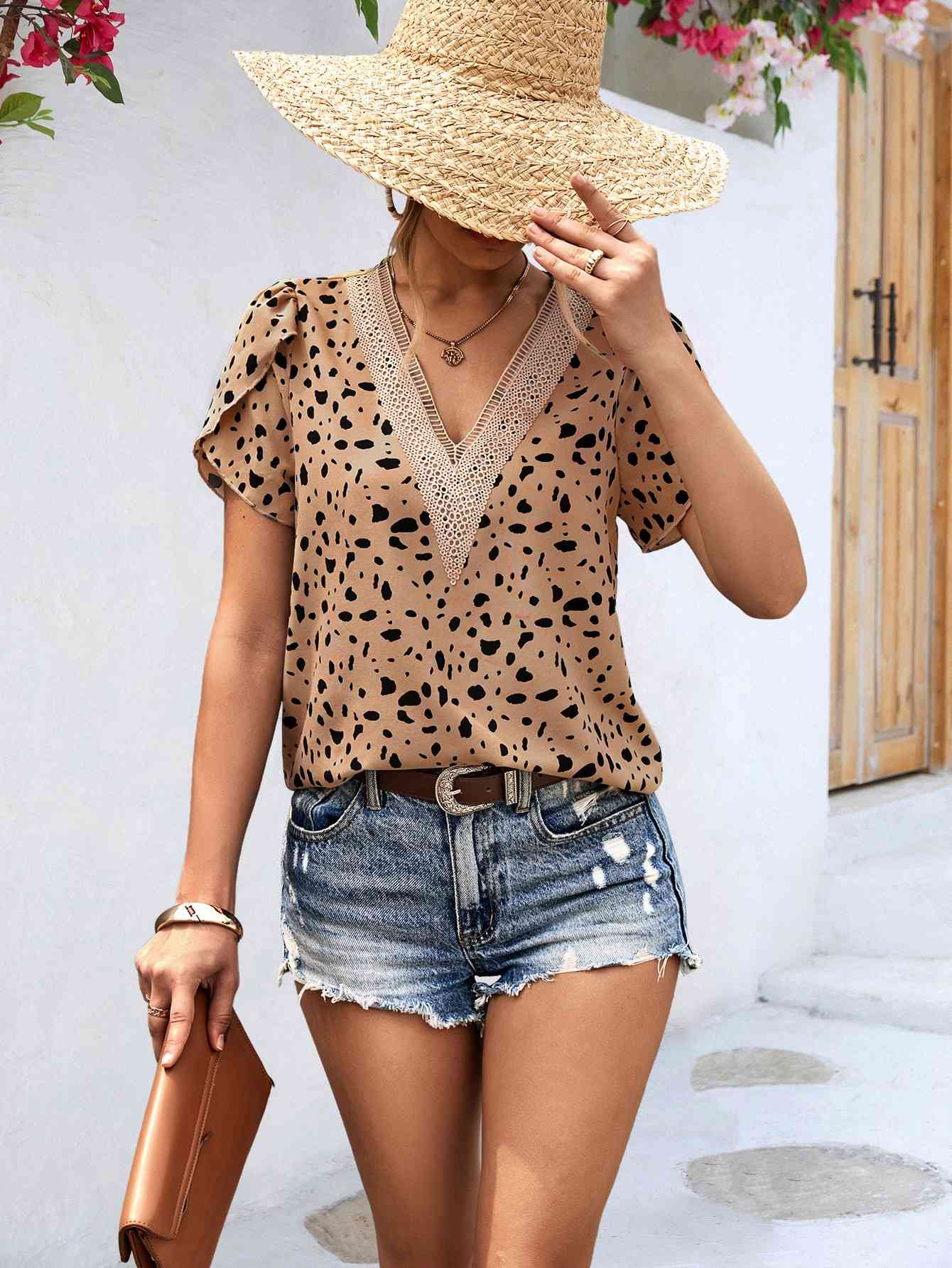 Animal Print V-Neck Petal Sleeve Blouse (2 Colors) Shirts & Tops Krazy Heart Designs Boutique   