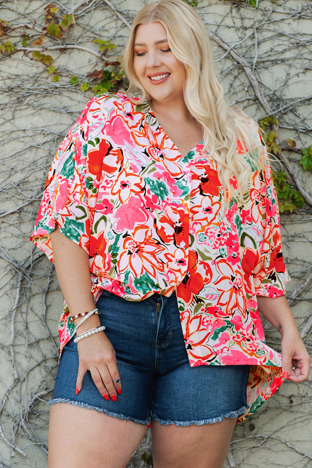 Plus Size Floral V-Neck Half Sleeve Shirt  Krazy Heart Designs Boutique Floral 1X 