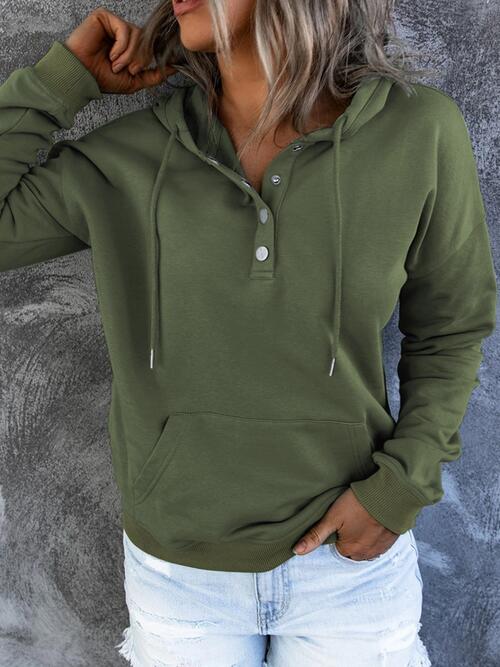 Half Snap Drawstring Long Sleeve Hoodie (12 Colors) Shirts & Tops Krazy Heart Designs Boutique Army Green S 