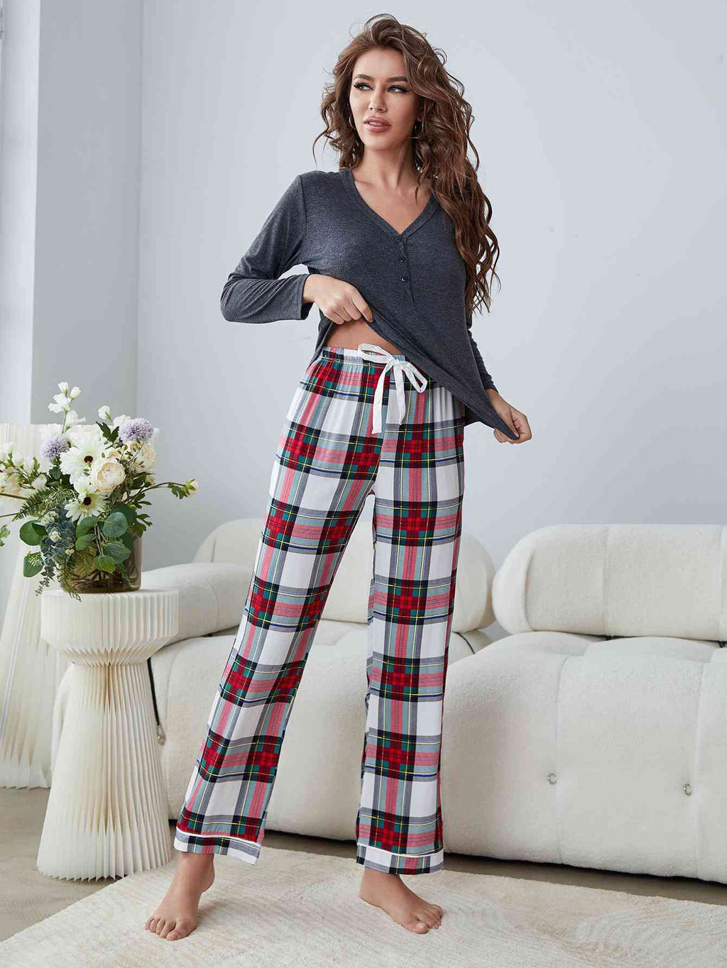 Buttoned Long Sleeve Top and Plaid Pants Lounge Set Loungewear Krazy Heart Designs Boutique Grey S 