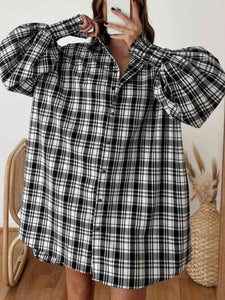 Plaid Lantern Sleeve Button Up Shirt (5 Colors)  Krazy Heart Designs Boutique Black S 