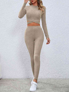Crisscross Knit Top and Leggings Set (3 Colors) Outfit Sets Krazy Heart Designs Boutique Beige S 