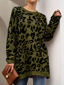 Leopard Round Neck Tunic Sweater(3 Colors) Shirts & Tops Krazy Heart Designs Boutique Army Green S 