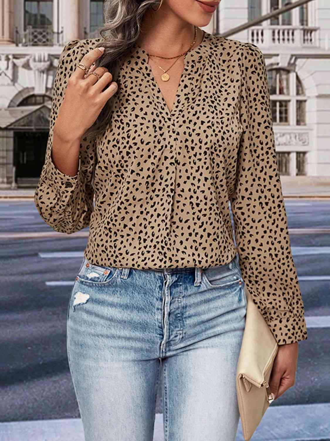 Leopard Notched Neck Puff Sleeve Blouse  Krazy Heart Designs Boutique   