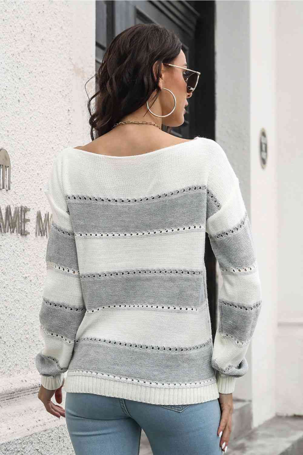 Striped Boat Neck Dropped Shoulder Sweater (4 Colors) Shirts & Tops Krazy Heart Designs Boutique   
