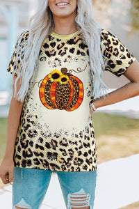 Leopard Pumpkin Graphic Round Neck Tee  Krazy Heart Designs Boutique   