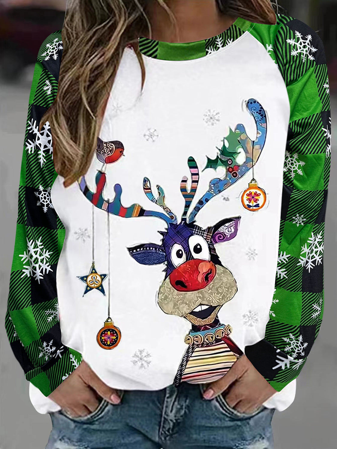 Plus Size Reindeer & Snowflake Sweatshirt  Krazy Heart Designs Boutique Green 1XL 