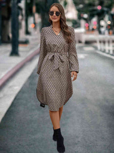 Printed Notched Tie Front Long Sleeve Dress (2 Colors) Dress Krazy Heart Designs Boutique Coffee Brown S 