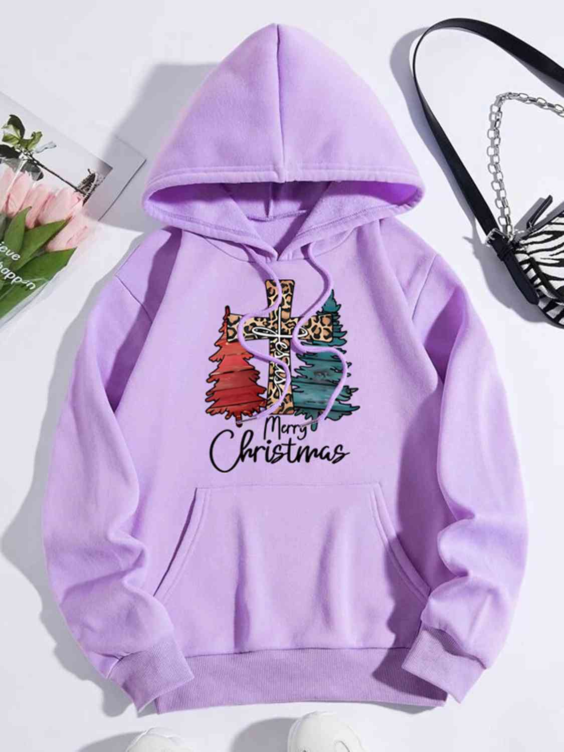 MERRY CHRISTMAS Graphic Drawstring Hoodie (4 Colors)  Krazy Heart Designs Boutique Lilac S 