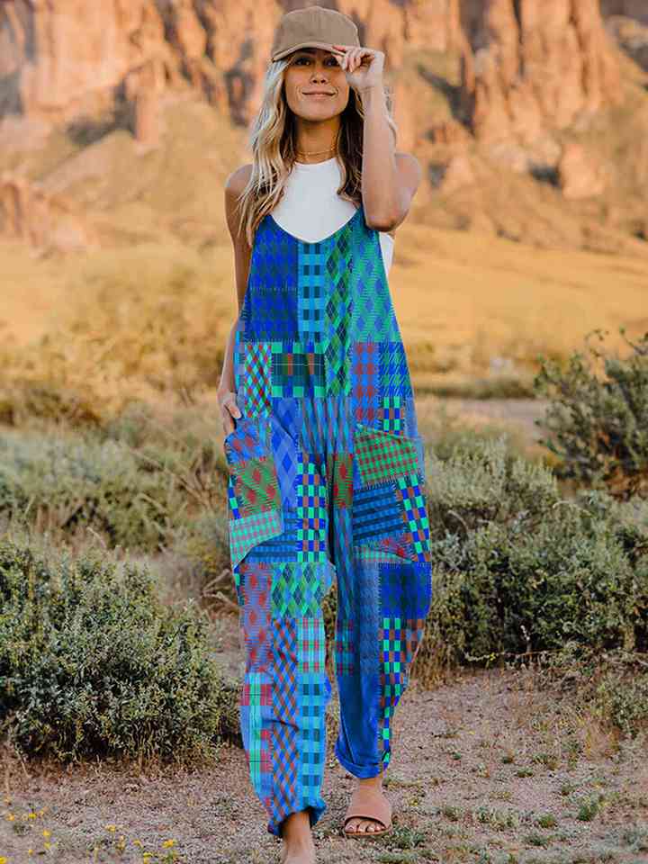 Full Size Printed V-Neck Sleeveless Jumpsuit (4 Colors)  Krazy Heart Designs Boutique Cobalt Blue S 