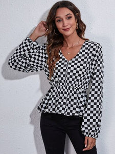 Checkered V-Neck Balloon Sleeve Peplum Blouse Shirts & Tops Krazy Heart Designs Boutique   