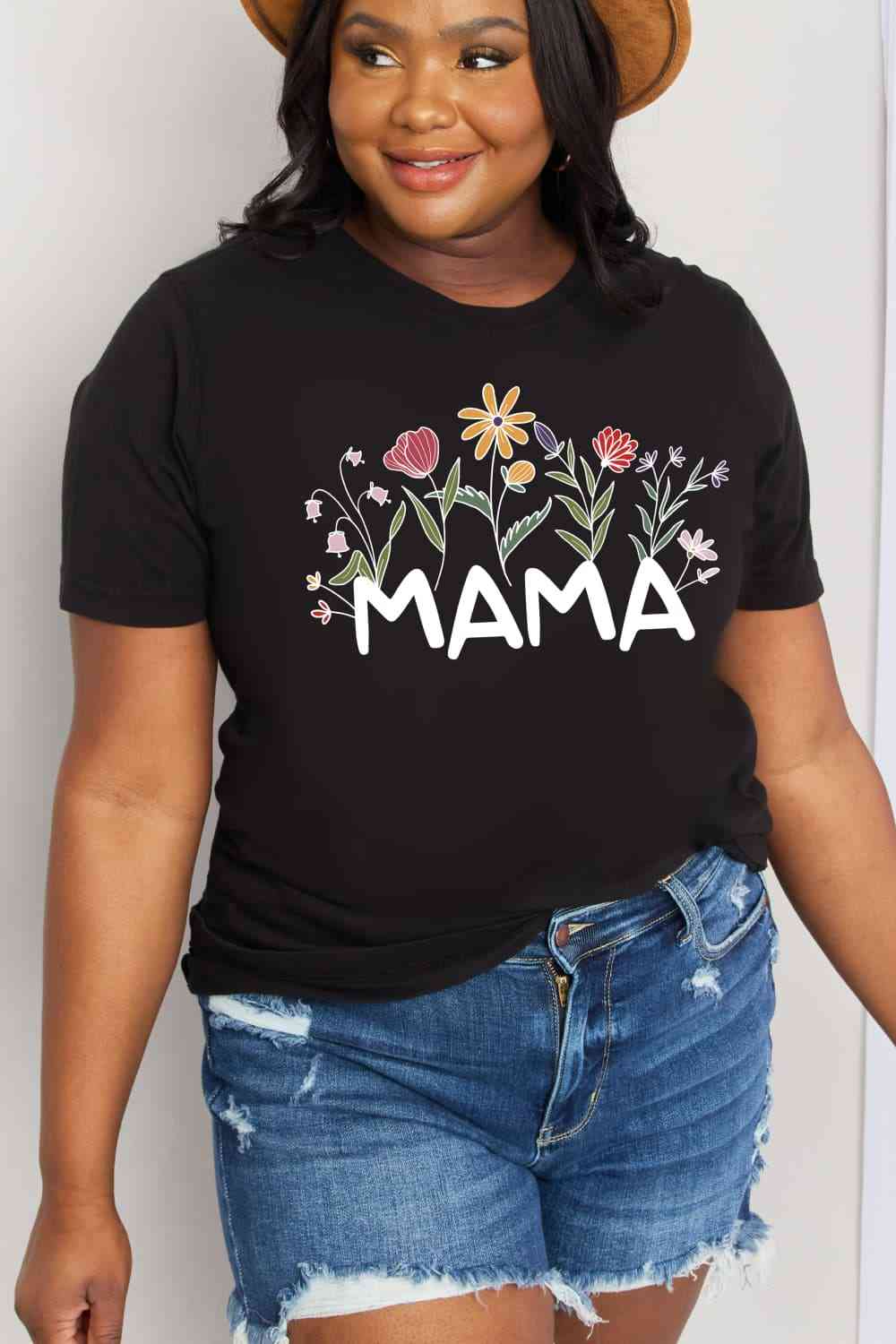 Simply Love Full Size MAMA Flower Graphic Cotton Tee  Krazy Heart Designs Boutique Black S 