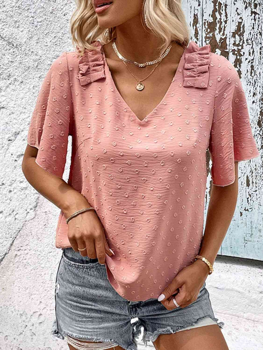 Swiss Dot Shoulder Detail V-Neck Blouse Shirts & Tops Krazy Heart Designs Boutique Peach S 