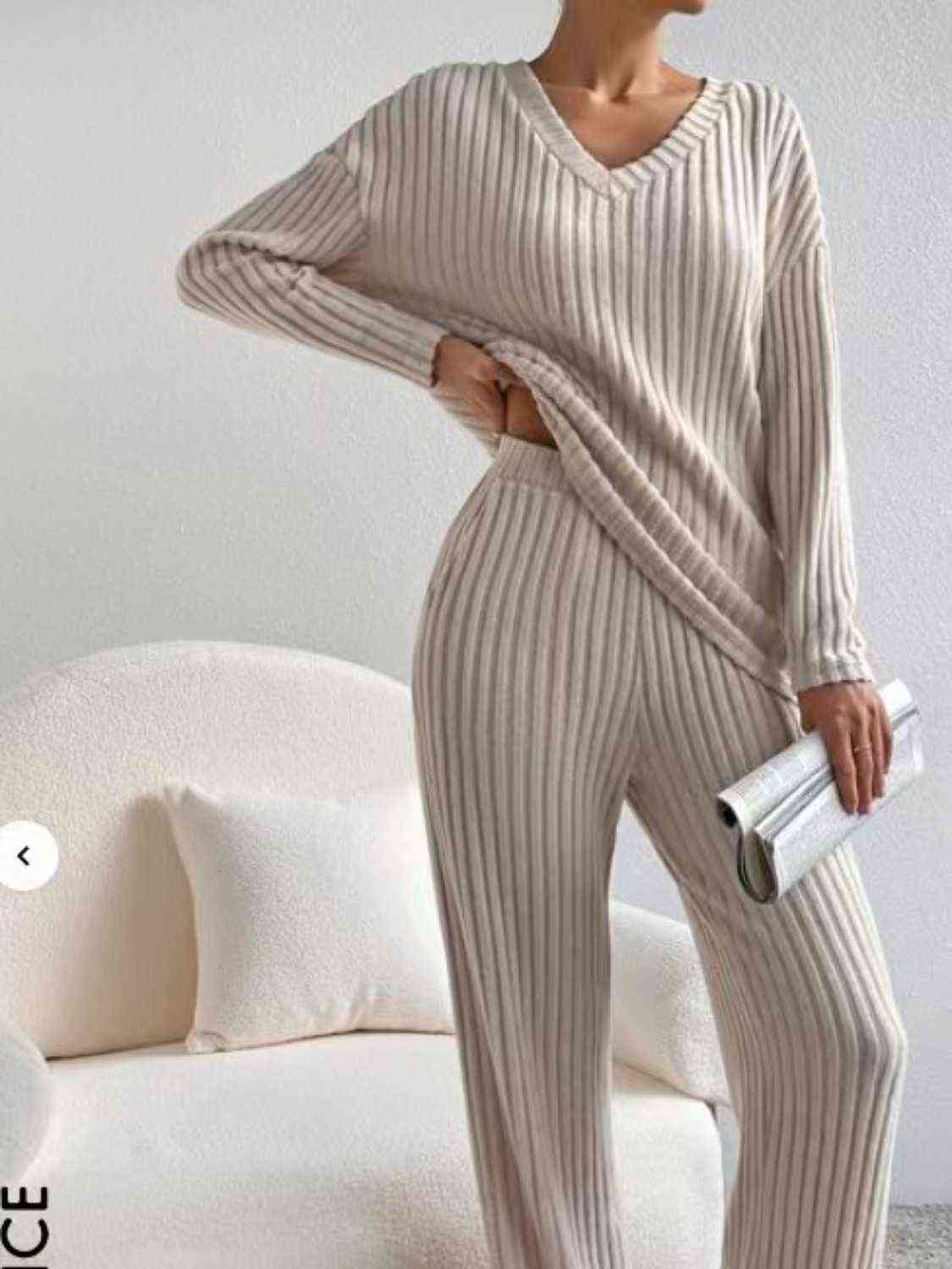 Ribbed V-Neck Long Sleeve Top and Pants Set (4 Colors) Outfit Sets Krazy Heart Designs Boutique   