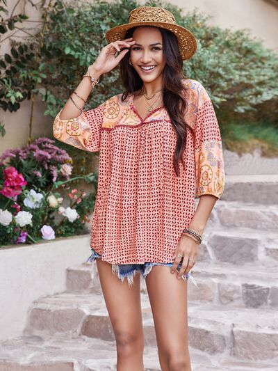 Multi Print Tie Neck Balloon Sleeve Blouse Shirts & Tops Krazy Heart Designs Boutique Burnt Coral S 