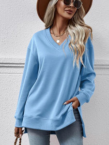 V-Neck Slit Long Sleeve Sweatshirt (9 Colors) Shirts & Tops Krazy Heart Designs Boutique Pastel  Blue S 