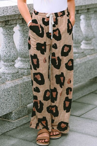 Leopard Drawstring Wide Leg Pants with Pockets pants Krazy Heart Designs Boutique   
