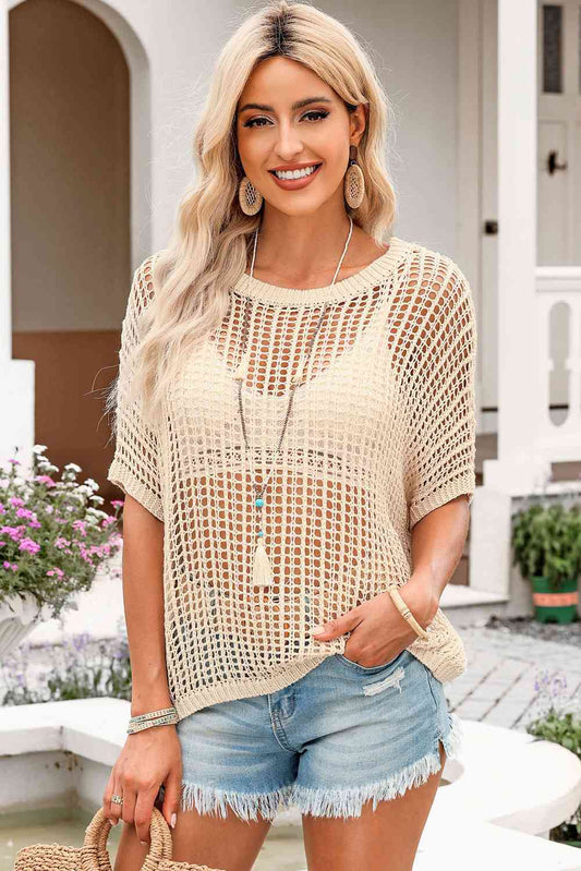 Openwork Round Neck Half Sleeve Knit Top Shirts & Tops Krazy Heart Designs Boutique Apricot S 