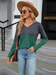 V-Neck Long Sleeve Two-Tone Top (7 Colors)  Krazy Heart Designs Boutique Green S 