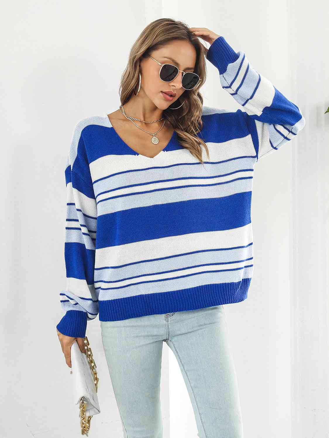 Striped V-Neck Long Sleeve Knit Top(3 Colors)  Krazy Heart Designs Boutique   