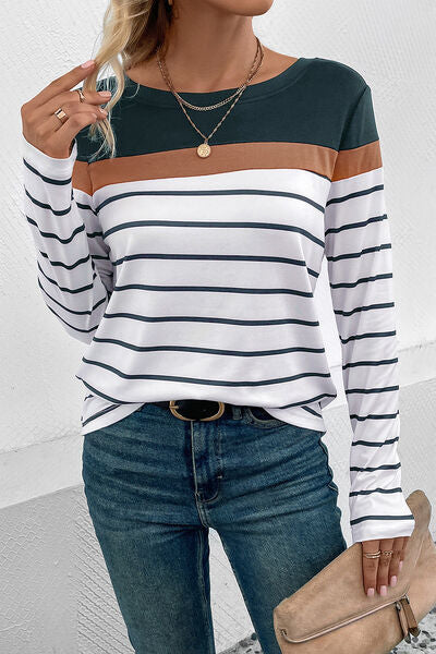 Striped Round Neck Long Sleeve Top (4 Colors) Shirts & Tops Krazy Heart Designs Boutique   