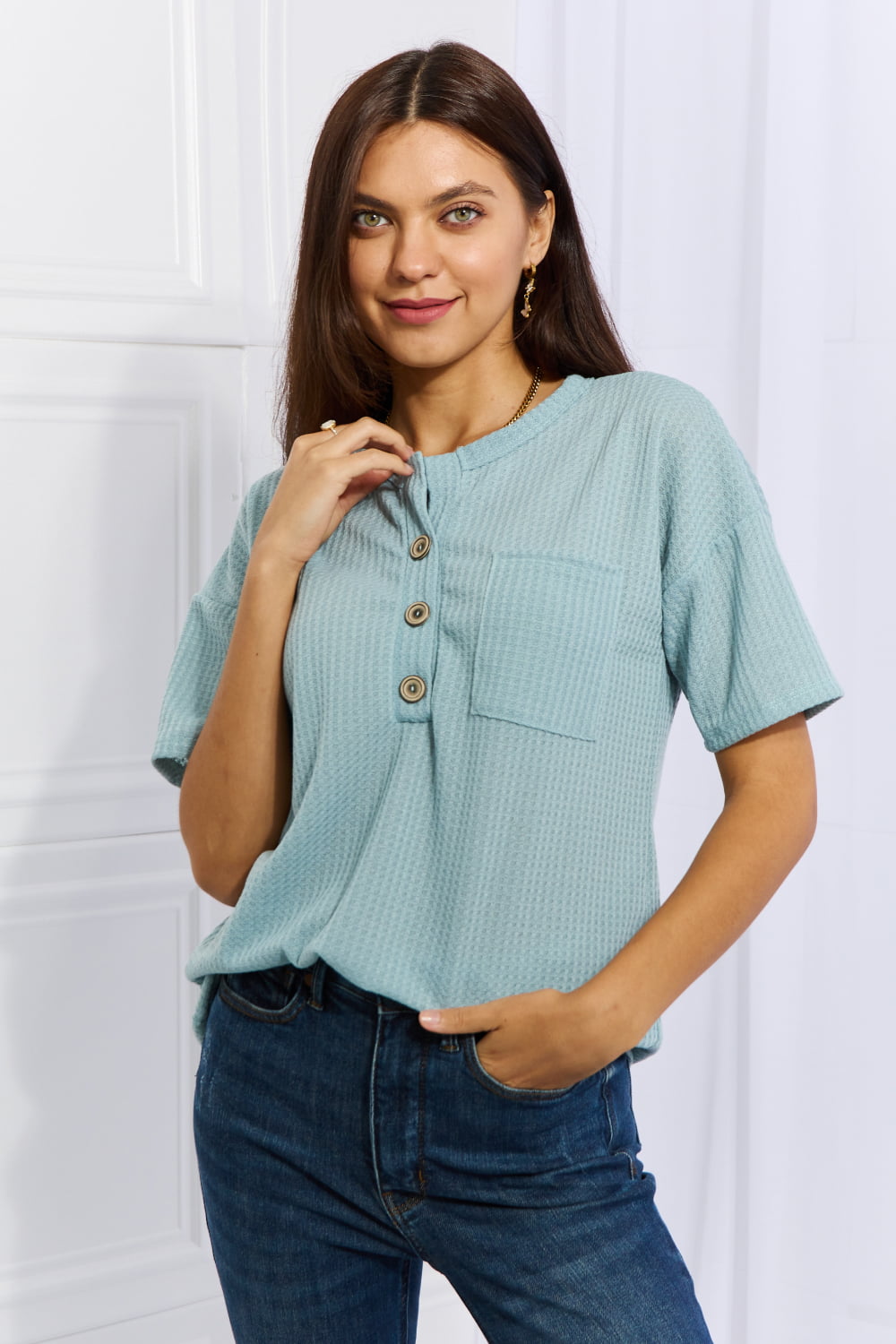 Heimish Made For You Full Size 1/4 Button Down Waffle Top in Blue  Krazy Heart Designs Boutique Pastel  Blue S 