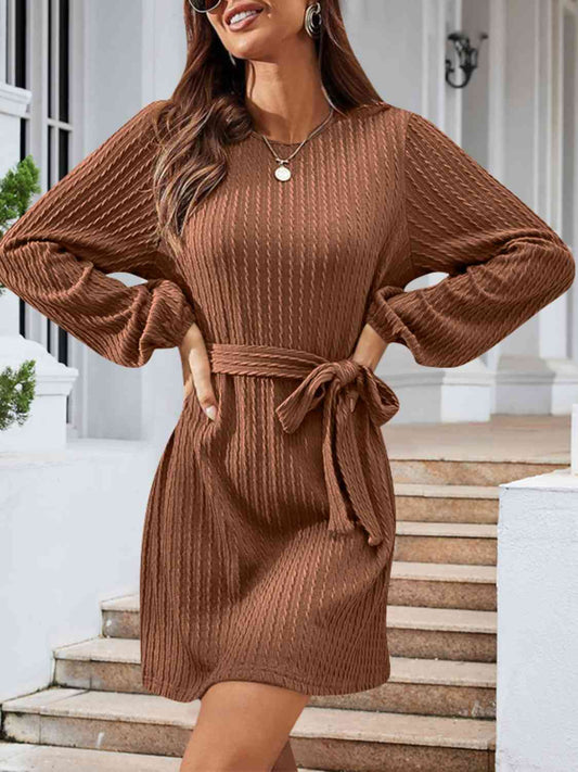 Round Neck Tie Front Long Sleeve Dress (4 Colors)  Krazy Heart Designs Boutique Tan S 