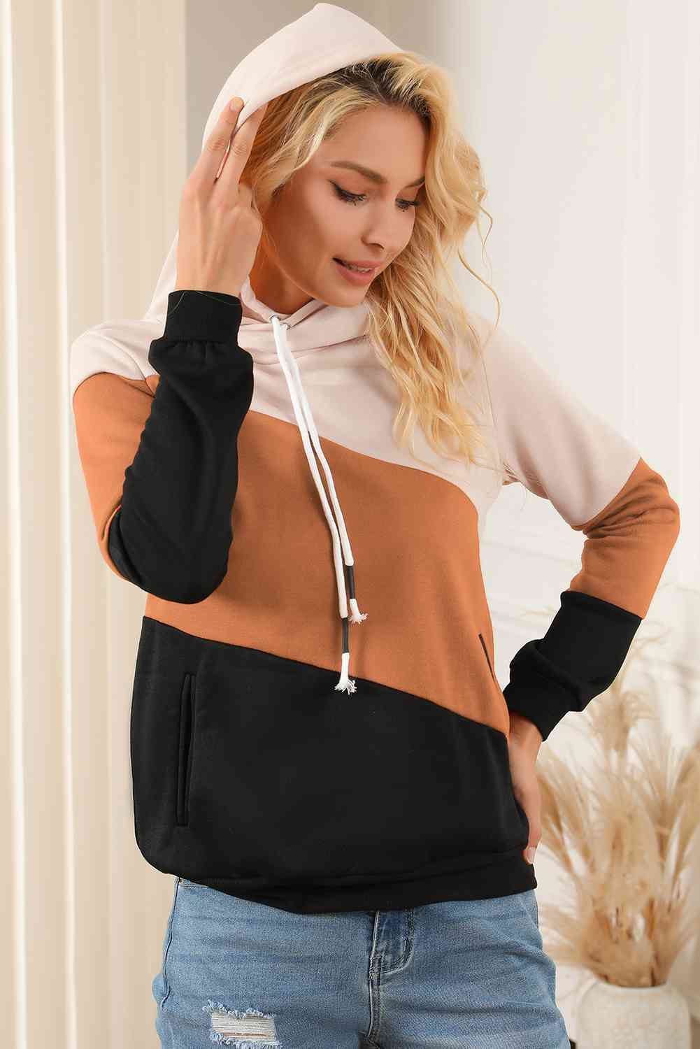 Color Block Drawstring Hoodie with Pockets  Krazy Heart Designs Boutique   