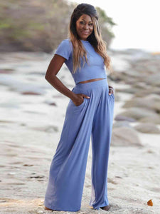 Short Sleeve T-Shirt and Wide Leg Pants Set Outfit Sets Krazy Heart Designs Boutique Misty  Blue S 