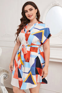 Plus Size Geometric Print Notched Neck Tie Waist Dress  Krazy Heart Designs Boutique   