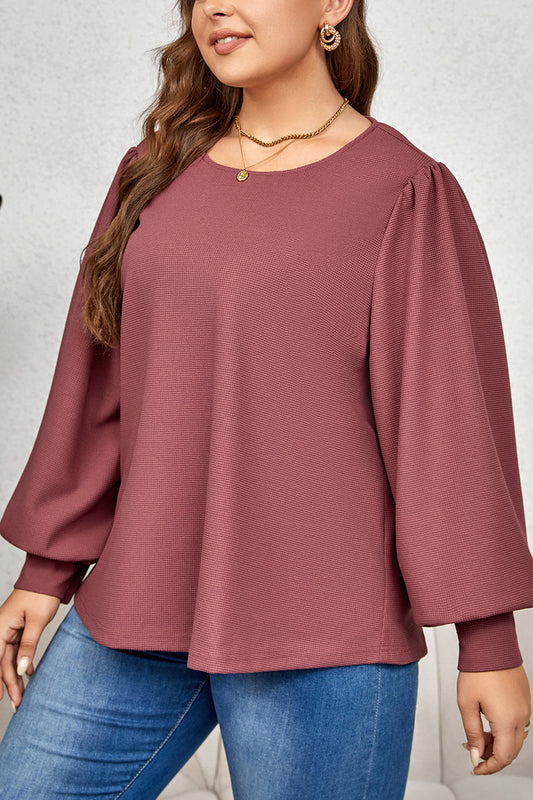 Plus Size Round Neck Puff Sleeve Top  Krazy Heart Designs Boutique Brick Red 1XL 