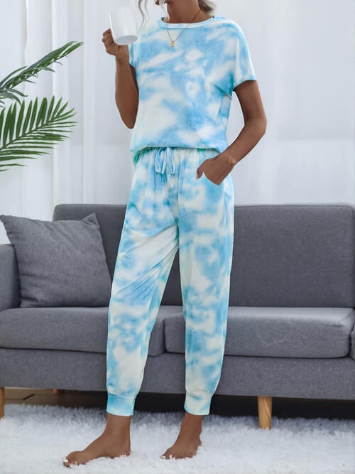 Tie-Dye Short Sleeve Top and Drawstring Pants Lounge Set Loungewear Krazy Heart Designs Boutique   
