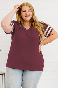 Plus Size Striped V-Neck Tee Shirt (10 Colors)  Krazy Heart Designs Boutique Wine 1X 