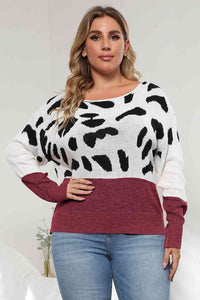 Plus Size Leopard Round Neck Long Sleeve Sweater (3 Colors)  Krazy Heart Designs Boutique Wine L 