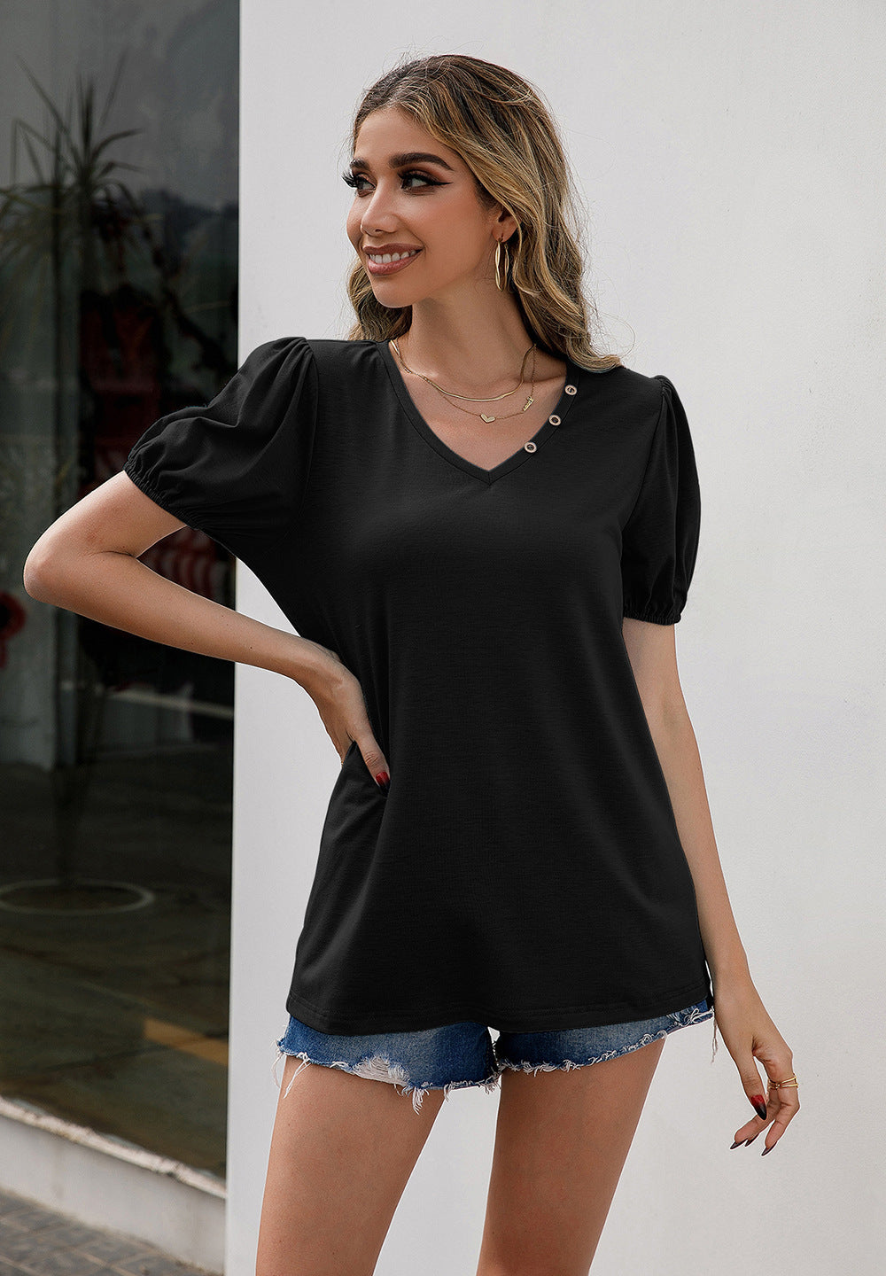 V-Neck Decorative Buttons Puff Sleeve Tee (4 Colors)  Krazy Heart Designs Boutique   