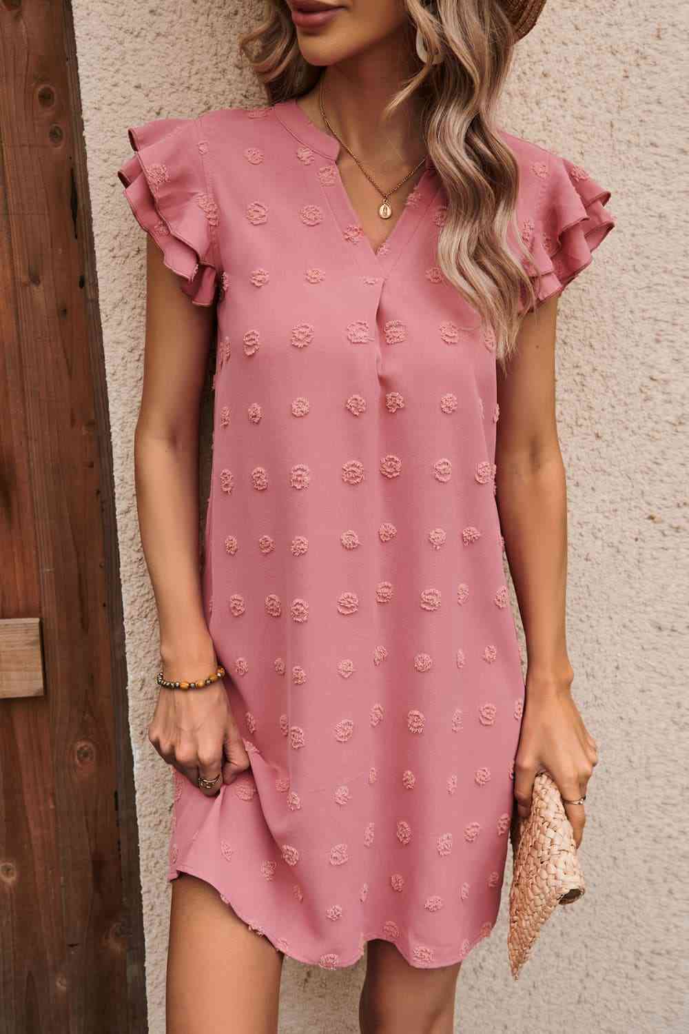 Swiss Dot Notched Neck Flutter Sleeve Dress  Krazy Heart Designs Boutique Dusty Pink S 
