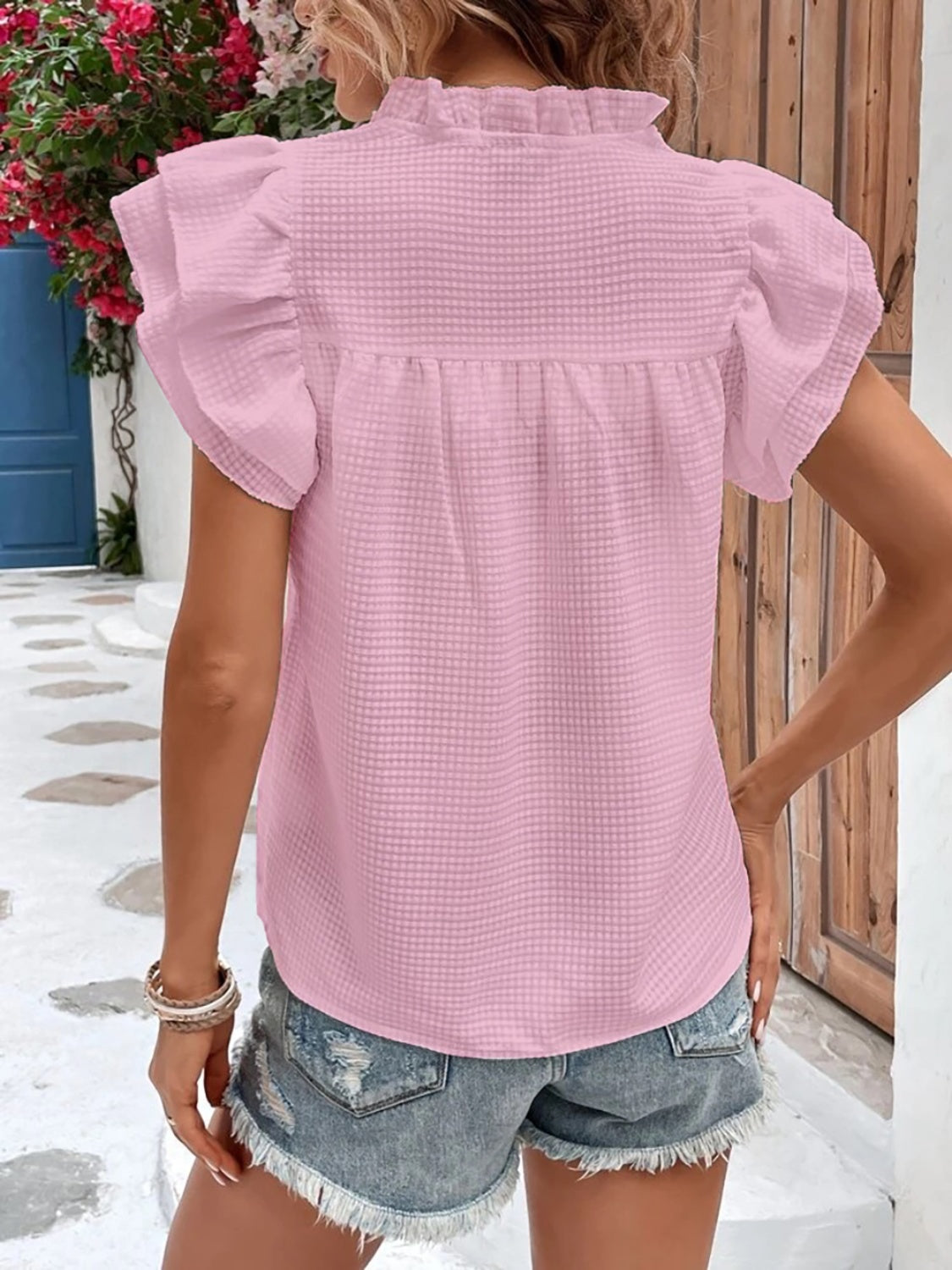 Ruffled Notched Cap Sleeve Blouse (3 Colors) Shirts & Tops Krazy Heart Designs Boutique   